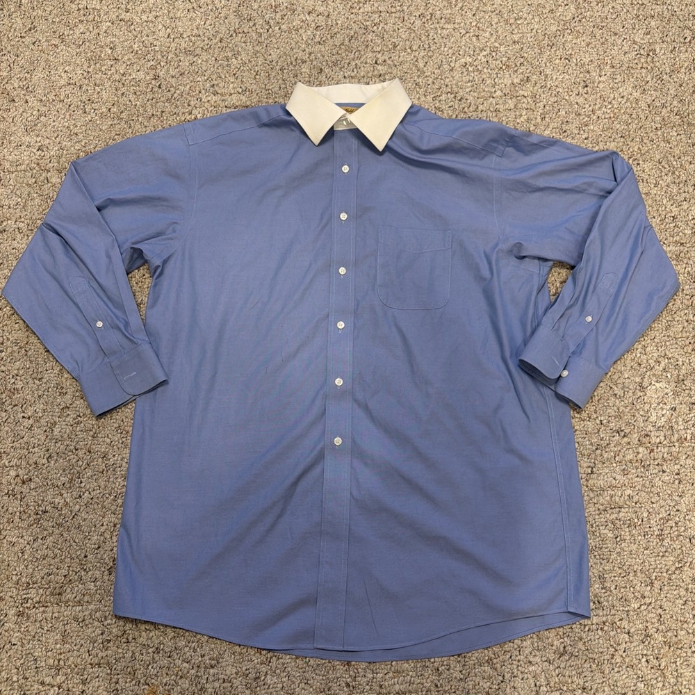 Roundtree & Yorke Gold Label Mens 16 1/2 34 Blue White Collar Dress Shirt Large